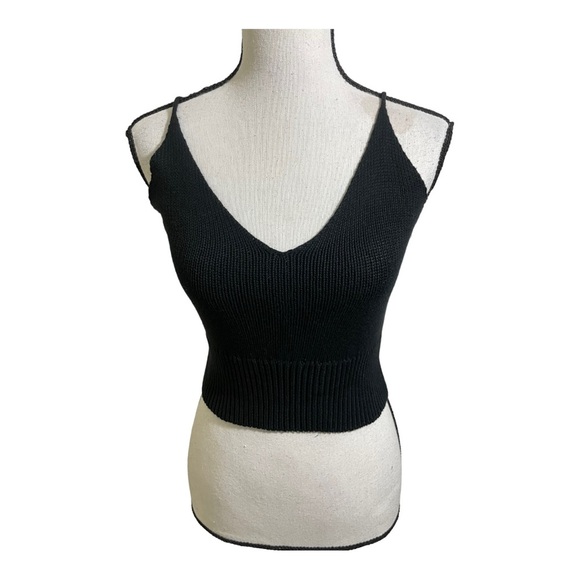 Italian womens V-neck knit crop top black baumwolle cotton size Small - Picture 1 of 10